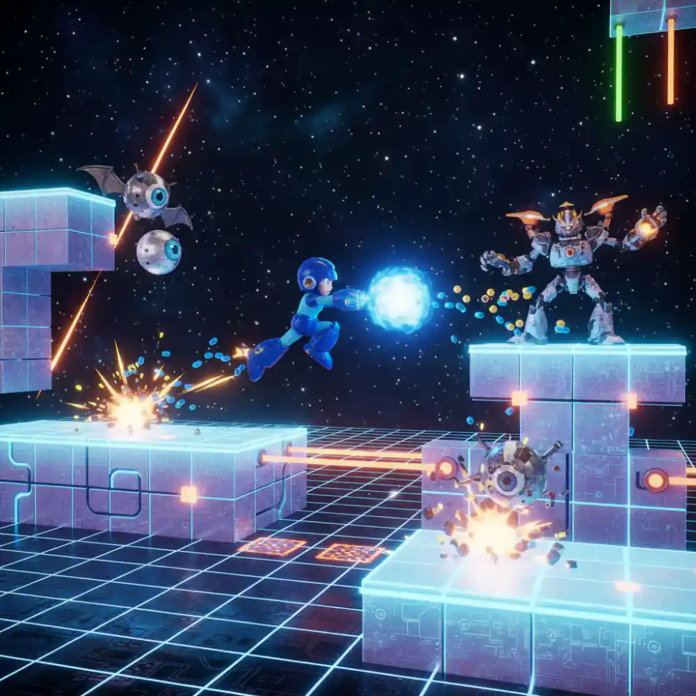 Mega Man in een retro platformer level