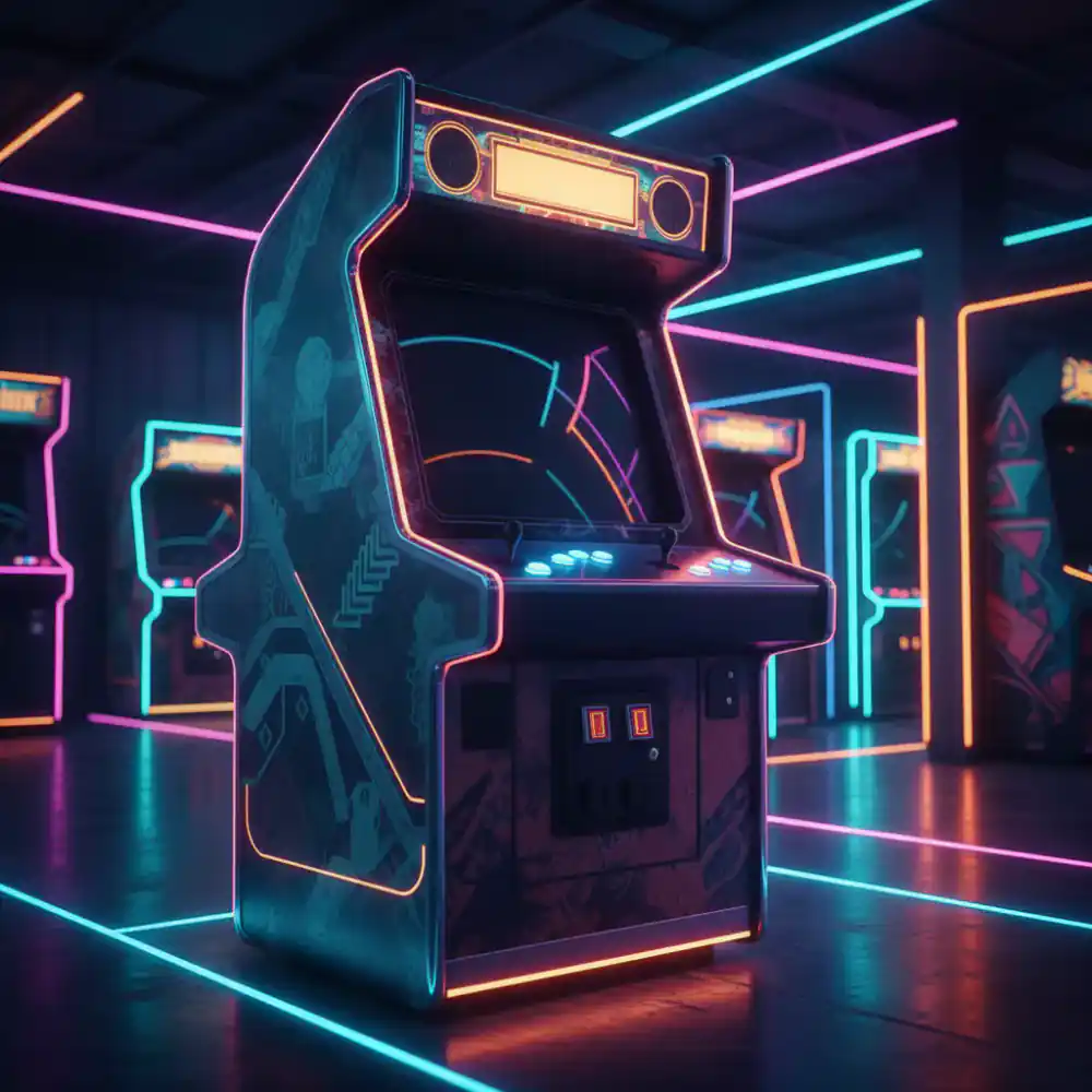 Retro arcadekast in neonlicht met leeg scherm klaar voor jouw suggestie